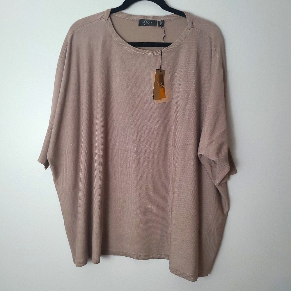 NWT Venini Tan Batwing Cozy Poncho Style Mini Sleeve Knit Crew Neck Sweater - L